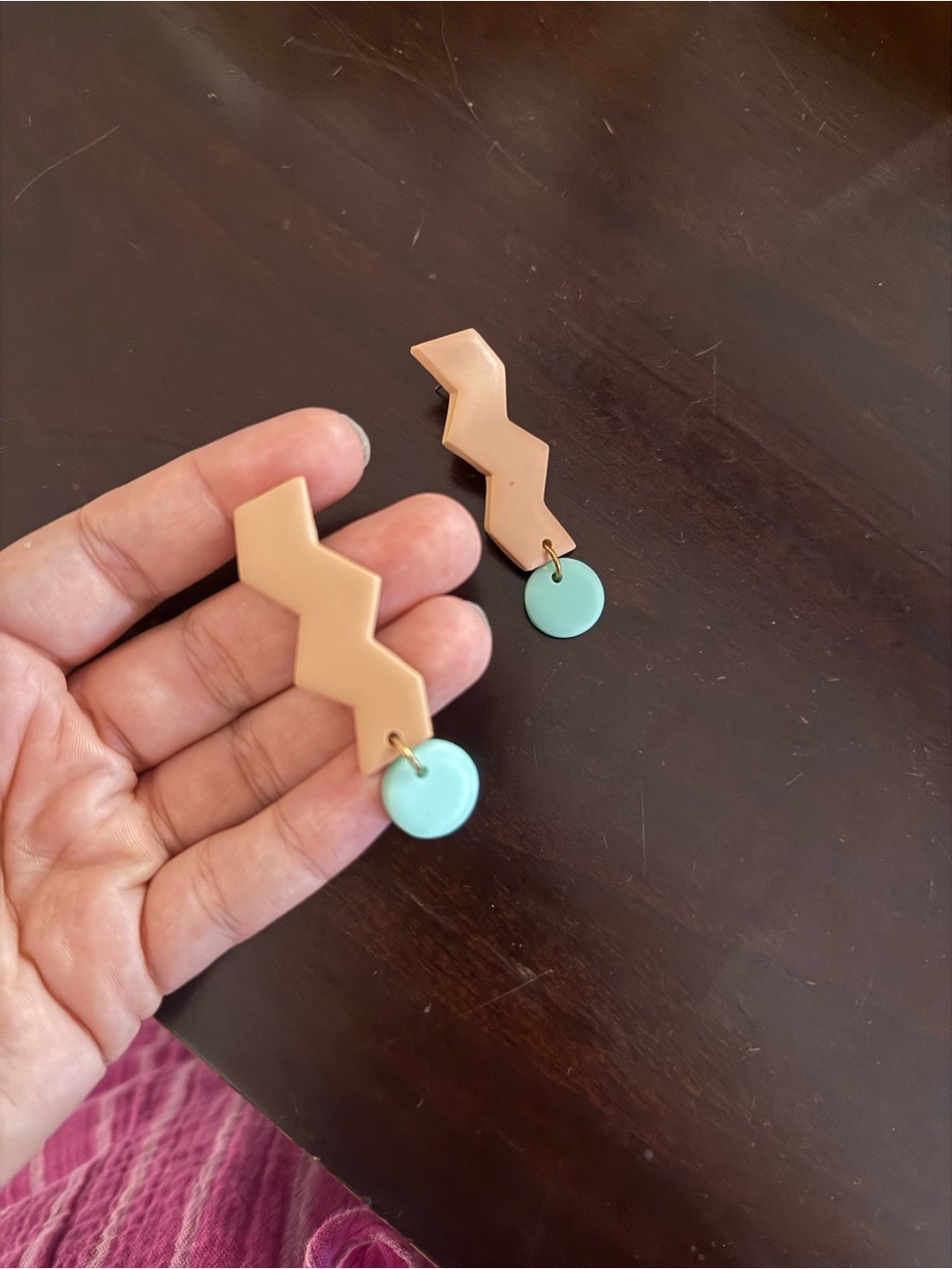 Zigzag Drop Earrings in light peach and Mint
